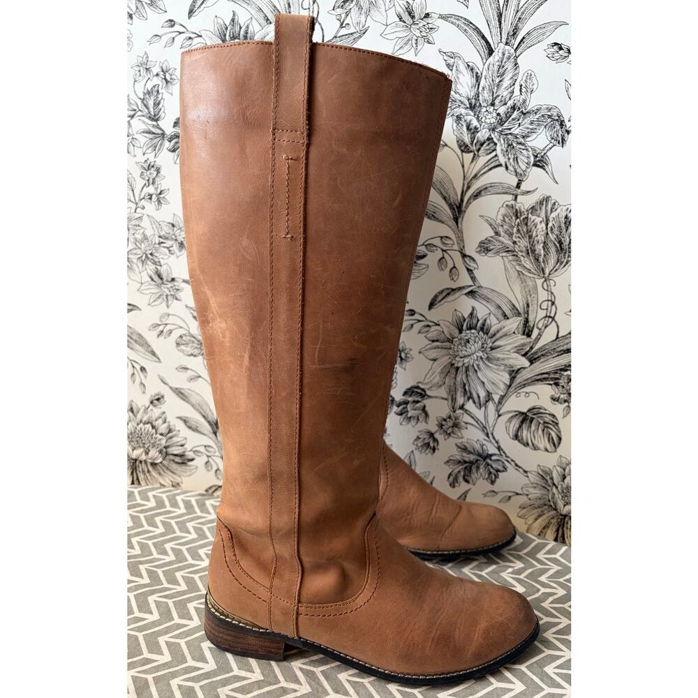 Very Votatile Mel Women's Brown Leather High Boots Size 7.5 Gold Trim - Picture 5 of 7